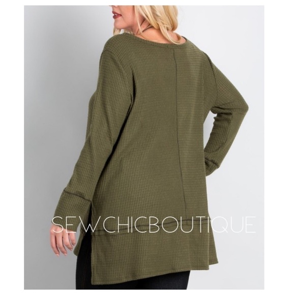 Plus Size Olive Side Slit Hi-Lo Brushed Top - Picture 2 of 4